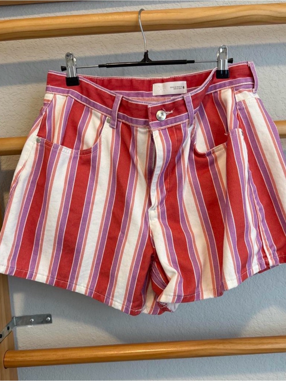 Zara Striped High-Waist Shorts - Red, Purple & White